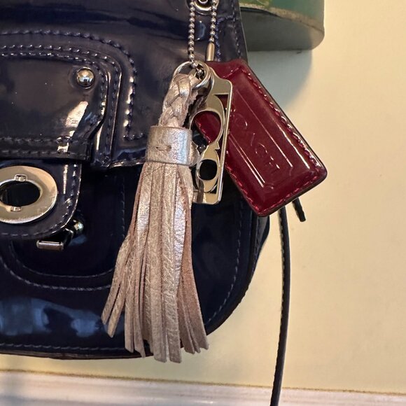 Coach Navy Patent Leather Mini Crossbody Bag With Striped Fabric Lining & Tassel - Picture 3 of 9